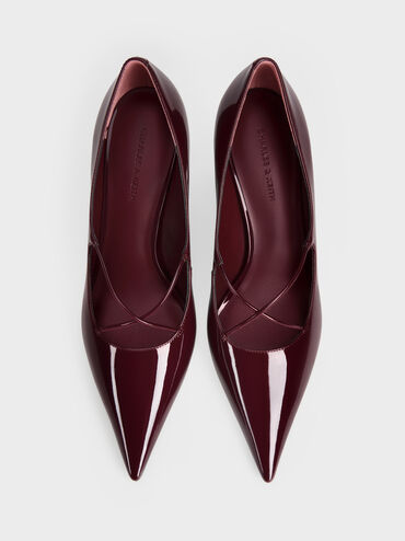 Patent Crossover Pointed Pumps, Burgundy, hi-res
