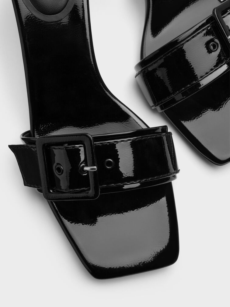 Sepatu Mules Heeld Buckle Strap Patent, Black Patent, hi-res