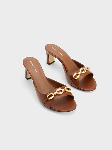 Chunky Chain-Link Heeled Mules, Cognac, hi-res
