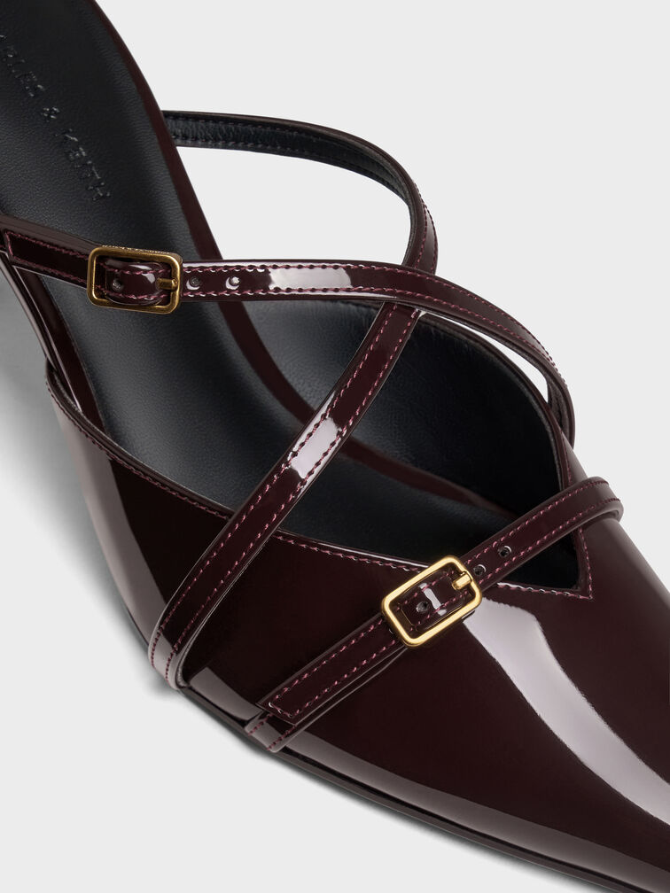 Maybelle Patent Pointed Heeled Mules, Burgundy, hi-res