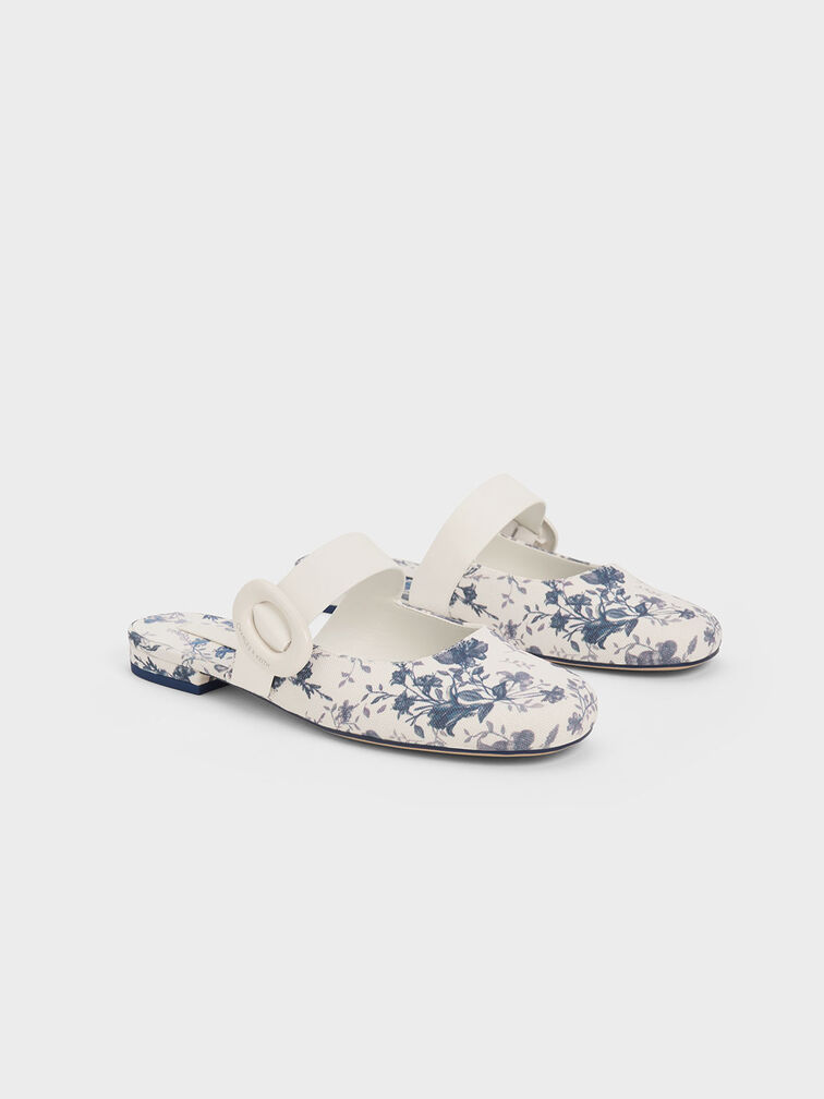 Sepatu Flat Mules Floral-Print Oval-Buckle, Dark Blue, hi-res