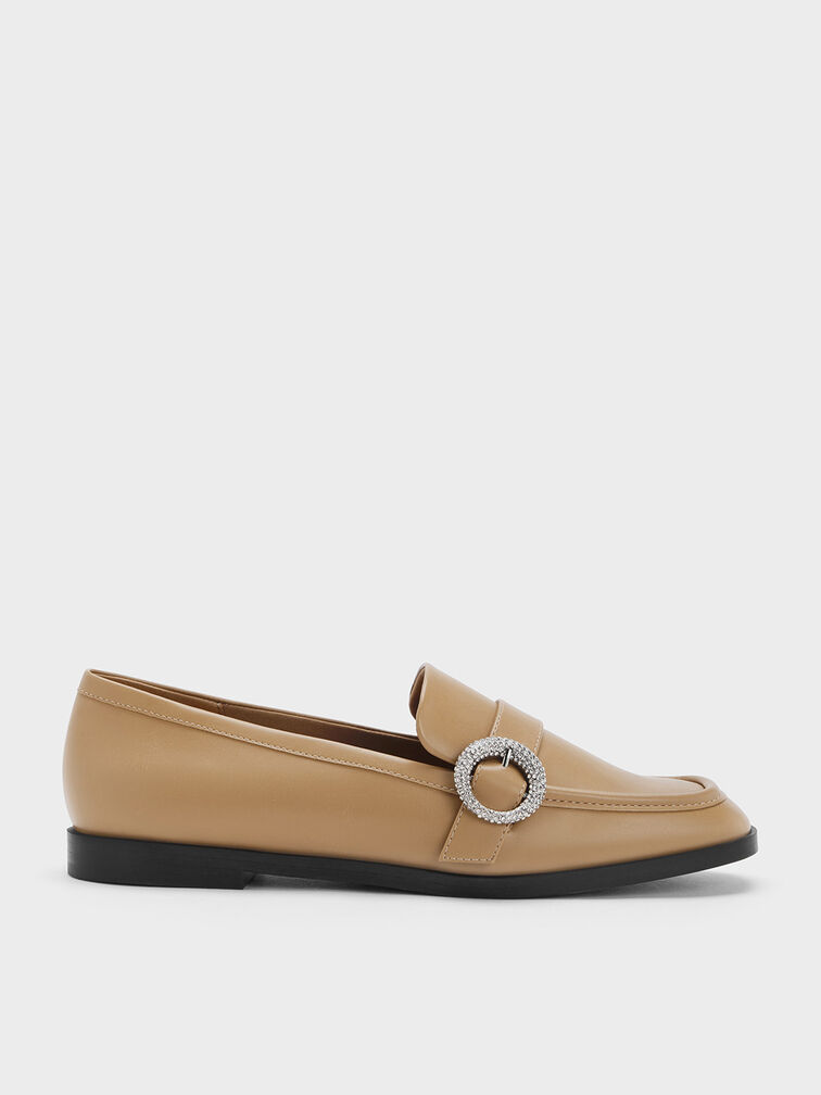 Sepatu Loafers Crystal-Embellished Buckle, Camel, hi-res