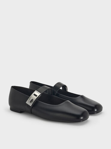 Sepatu Flats Mary Jane Metallic-Buckle Lando, Black, hi-res