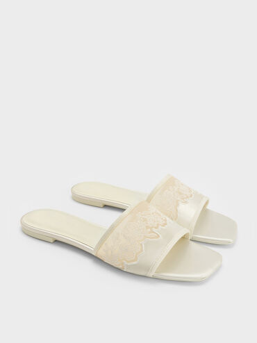 Sandal Selip Embroidered-Mesh Satin, White, hi-res