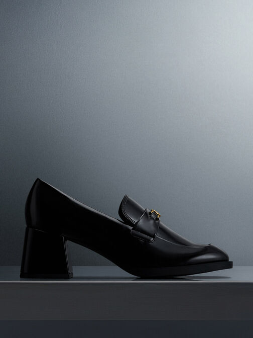 Sepatu Loafer Pumps Metallic Accent Block Heel, Black Box, hi-res