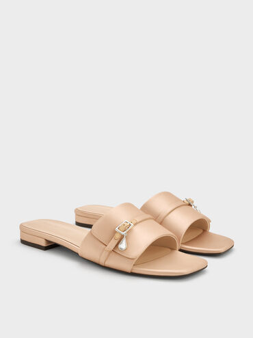 Teardrop-Crystal Buckled Slide Sandals, Gold, hi-res