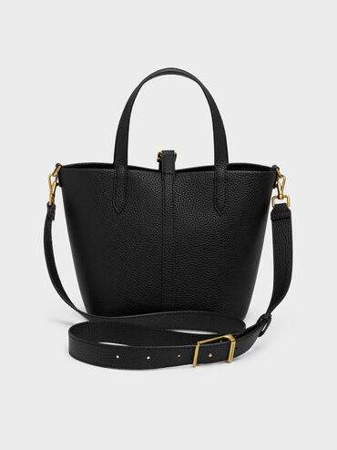 Tas Bucket Belted Double-Handle Recycled Leather Beryl, Black, hi-res