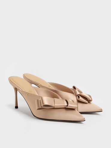 Sepatu Mules Heeled Pointed Pleated-Bow, Nude, hi-res