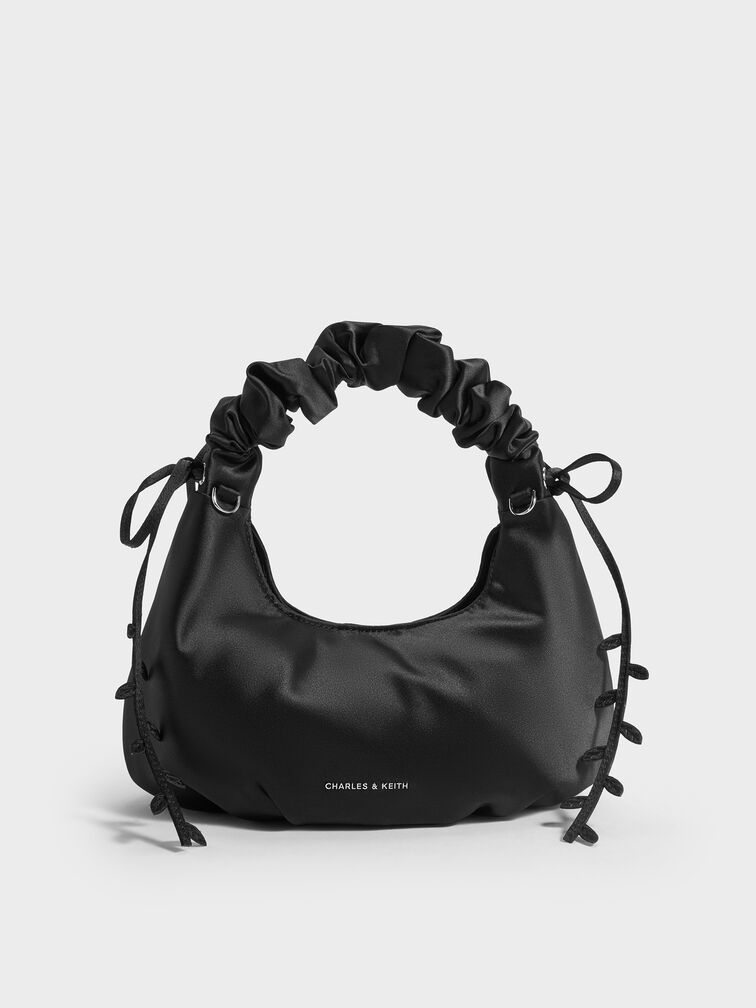 Tas Hobo Floral-Vine Satin Mabel, Noir, hi-res