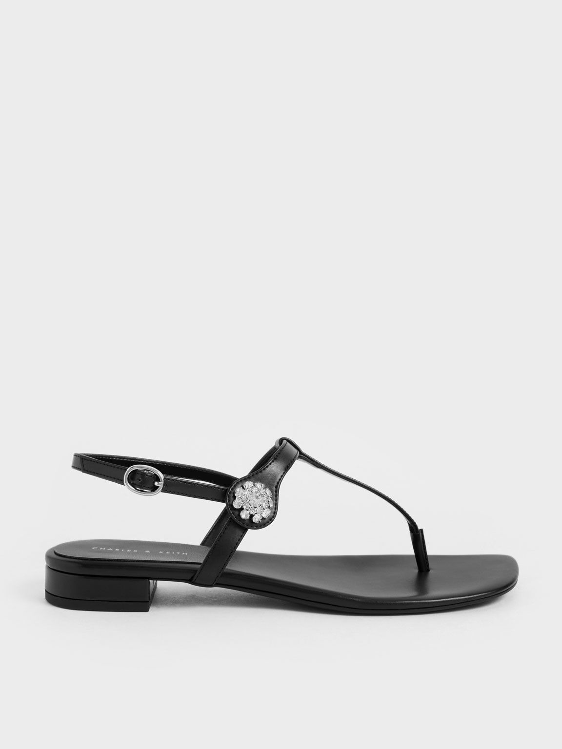 Gem-Embellished Thong Sandals, Black, hi-res