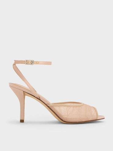 Lace & Satin Peep-Toe Heels, Nude, hi-res