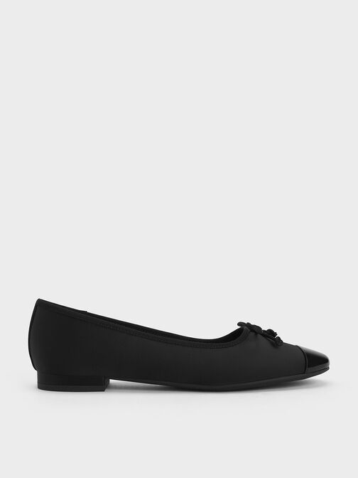 Sepatu Ballet Flats Recycled Polyester Bow, Black Textured, hi-res