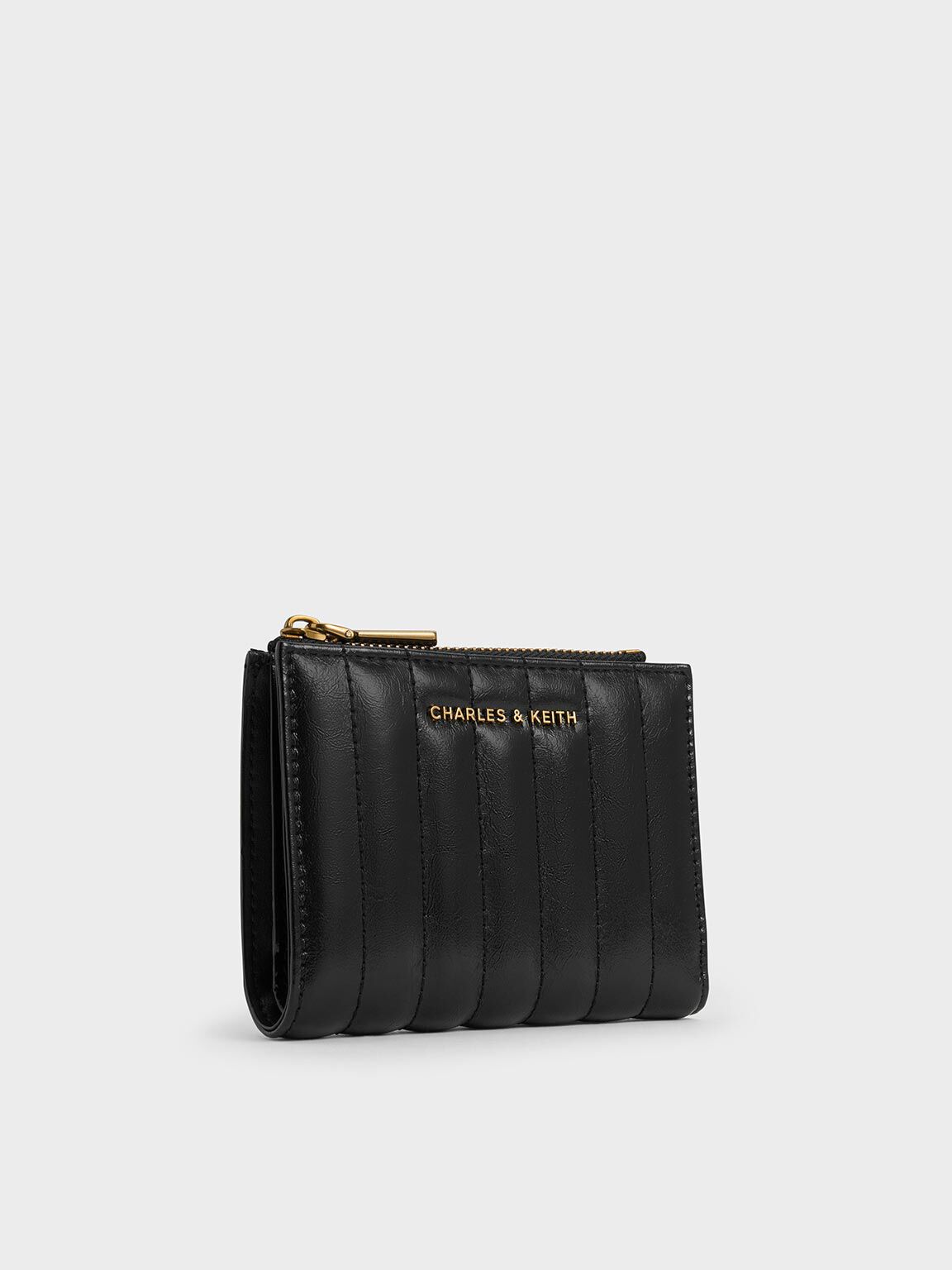 Black Donna Crinkle-Effect Panelled Top-Zip Wallet - CHARLES & KEITH ID