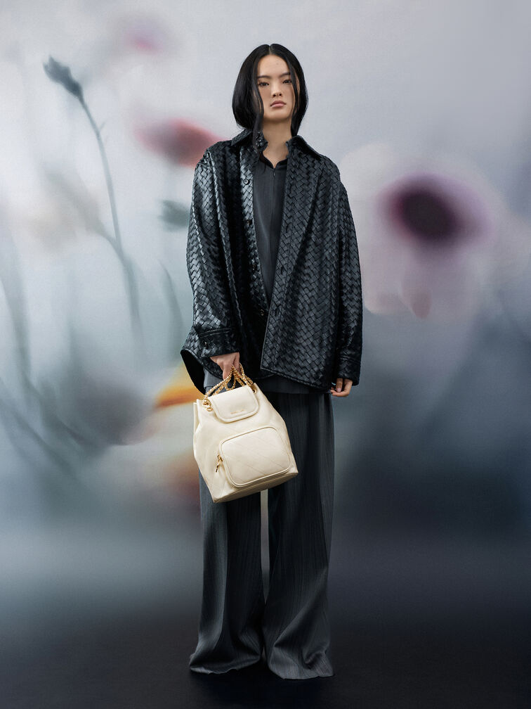 Tas Bucket Flont-Flap Quilted Apfra, Cream, hi-res