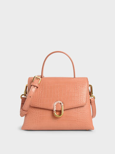 Croc-Effect Stone-Embellished Handbag, Peach, hi-res
