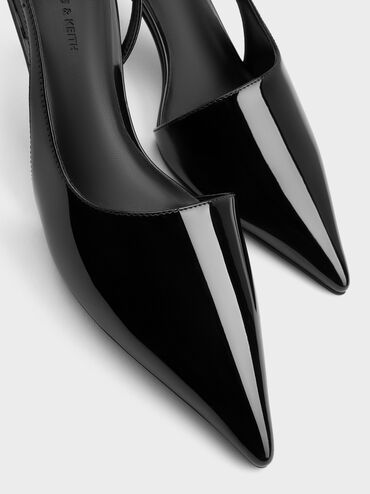 Sepatu Slingback Pumps Pointed-Toe Stiletto-Heel Patent, Black Patent, hi-res