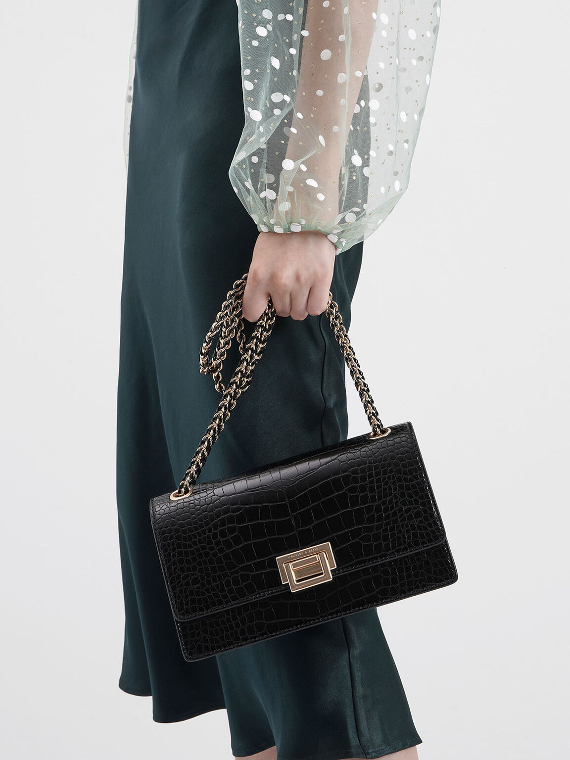 Textured Chain Handle Bag, Black, hi-res
