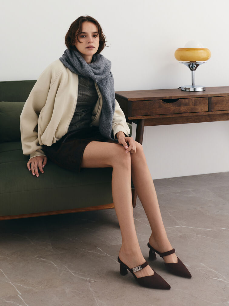 Sepatu Heeled Mules Metallic-Buckle Pointed-Toe Lando Faux Suede, Dark Brown Textured, hi-res