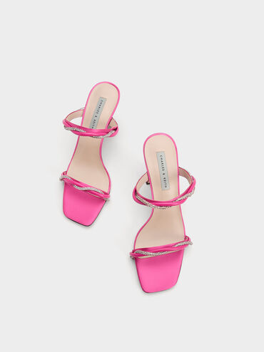 Sandal Embellished Twisted Strap Satin, Pink, hi-res