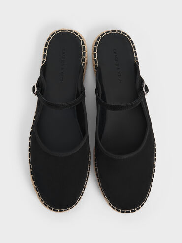 Sepatu Espadrilles Mary Jane Slip-On Faux Suede, Black Textured, hi-res