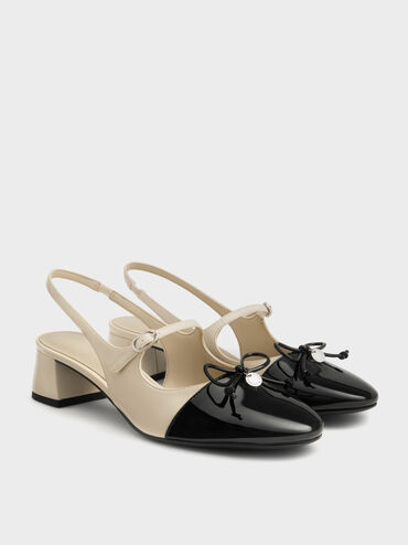Sepatu Pumps Slingback Bow Two-Tone Patent, Chalk, hi-res