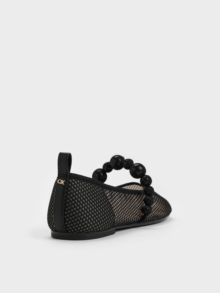 Sepatu Flats Mary Jane Beaded Mesh Leather, Black Textured, hi-res