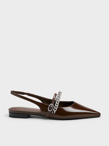 Sepatu Flats Slingback Chain Pointed Georgie, Dark Brown, hi-res