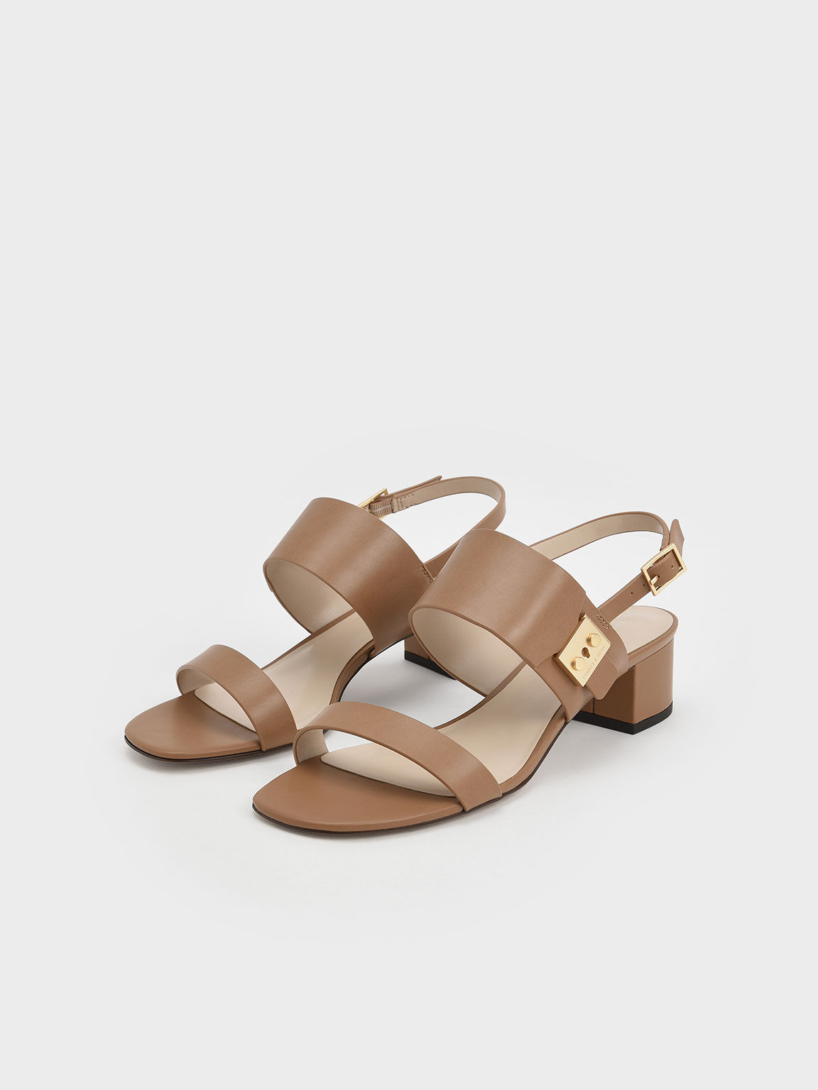 Camel Sandal Heeled Metallic Accent 