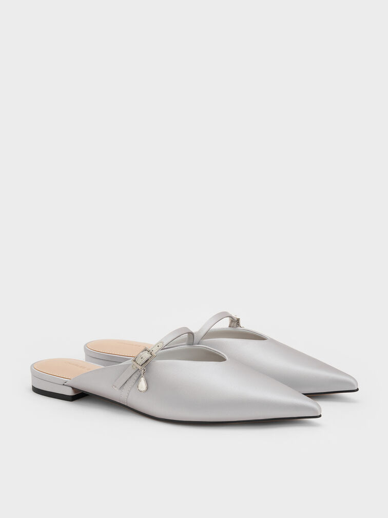 Satin Teardrop-Crystal Flat Mules, Silver, hi-res