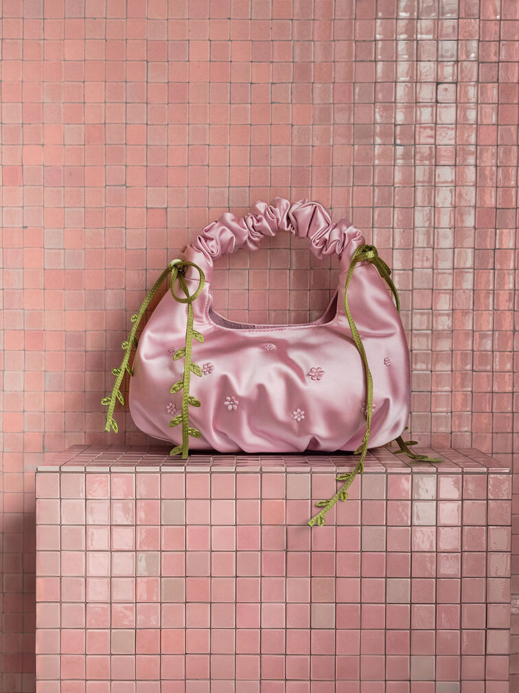 Tas Hobo Floral-Vine Satin Mabel, Pink, hi-res