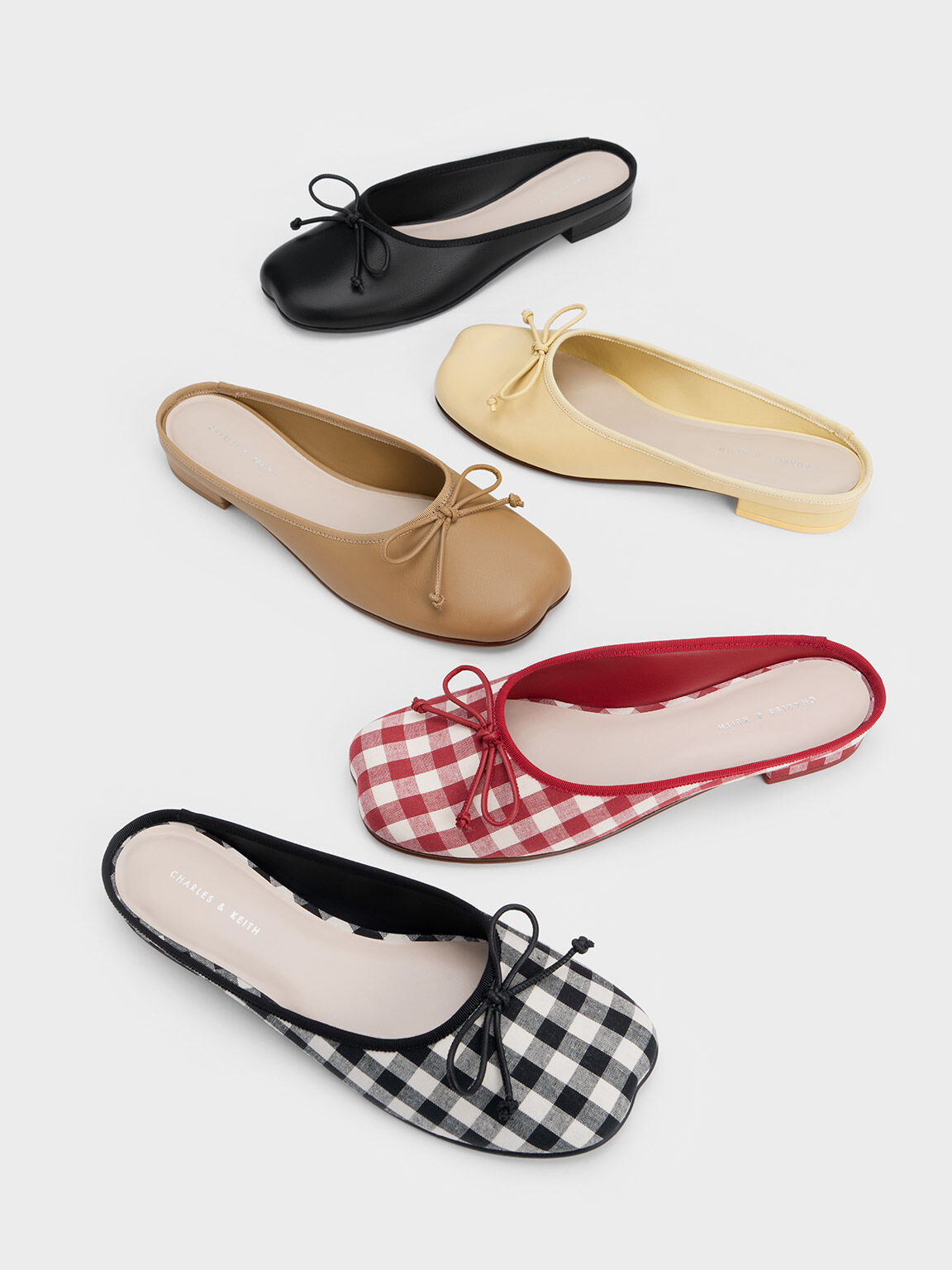 Sepatu Flats Slip-On Checkered Bow, Black Textured, hi-res