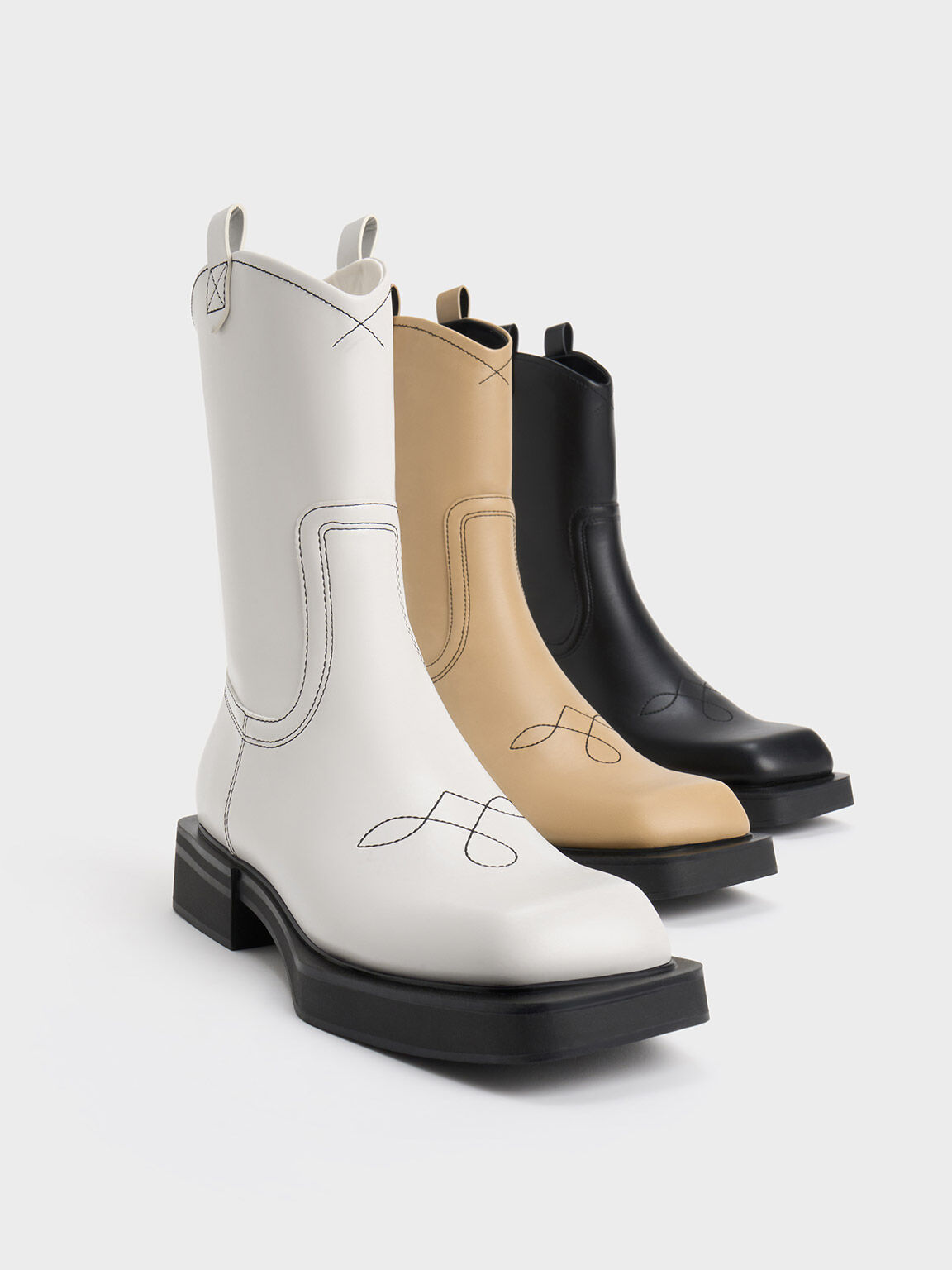 Sepatu Boots Cowboy Stitch-Trim, White, hi-res