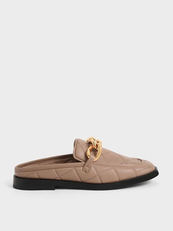 Sepatu Mules Quilted Chain Loafer, Camel, hi-res
