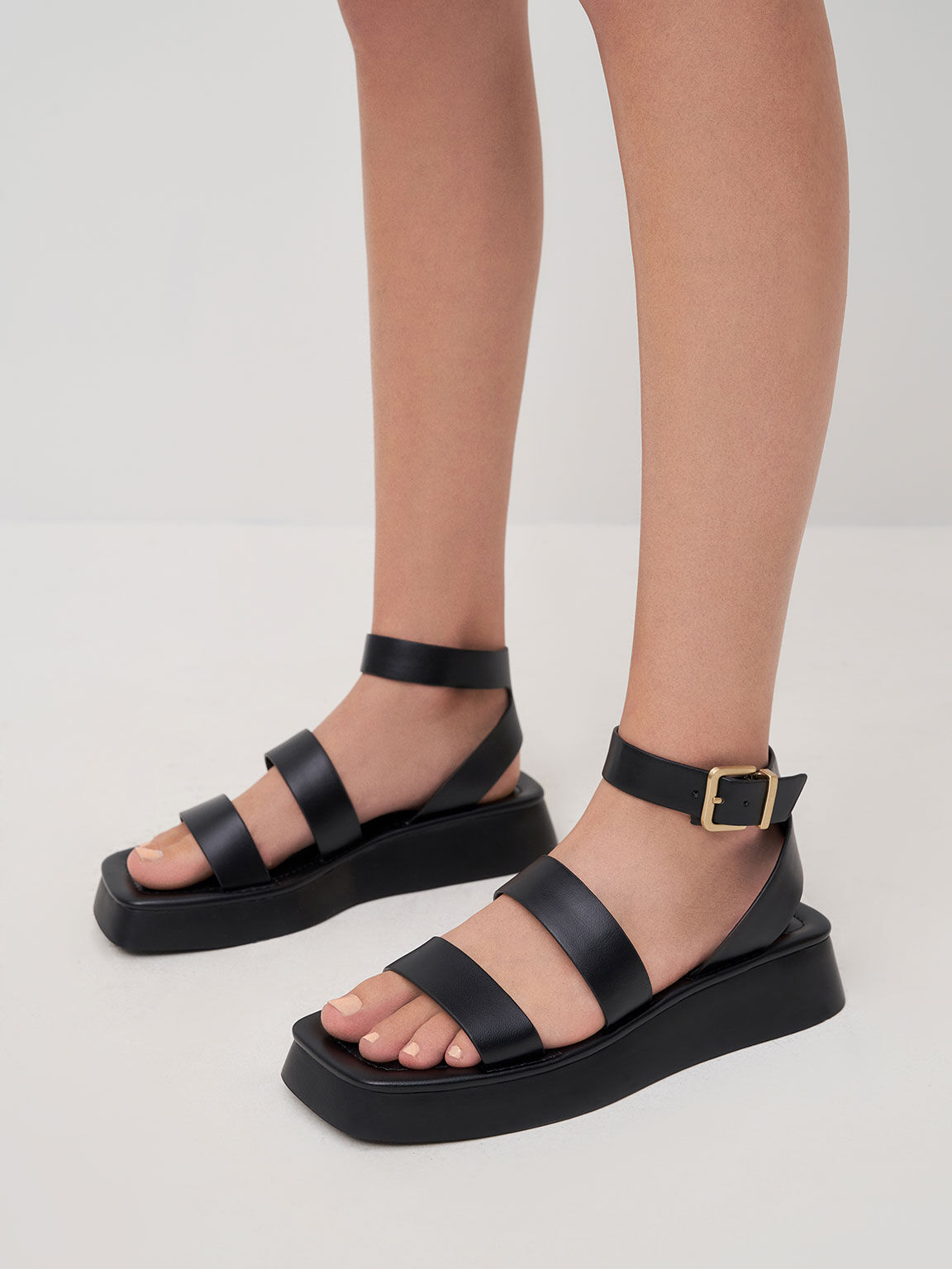 Black Square Toe Ankle-Strap Sandals 