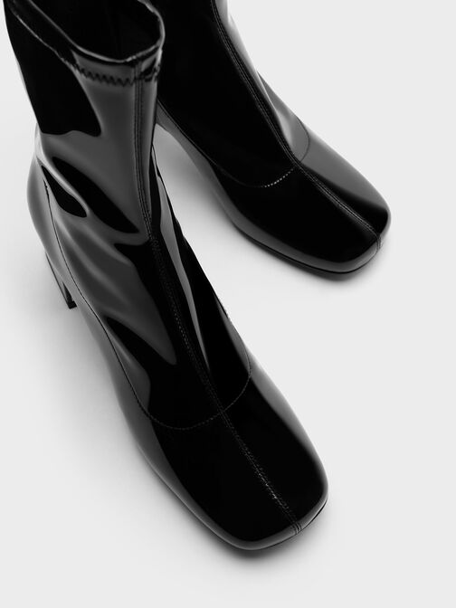 Patent Metallic Trapeze Heel Ankle Boots, Black Patent, hi-res