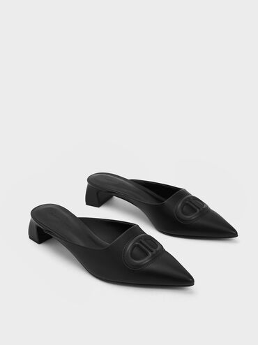 Sepatu Mules Oval Stitch-Trim Pointed-Toe, Black, hi-res