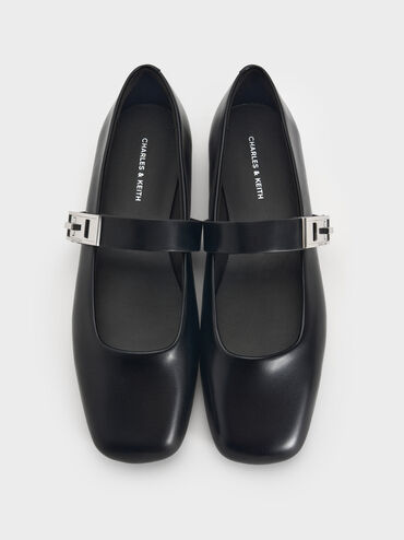 Sepatu Flats Mary Jane Metallic-Buckle Lando, Black, hi-res