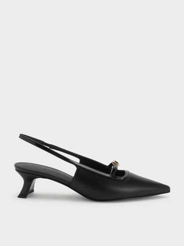 Buckle-Strap Slingback Pumps, Black, hi-res
