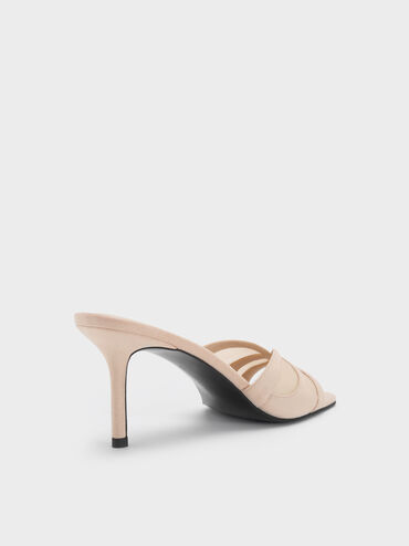 Sepatu Mules Heeled Mesh & Faux Suede, Beige, hi-res