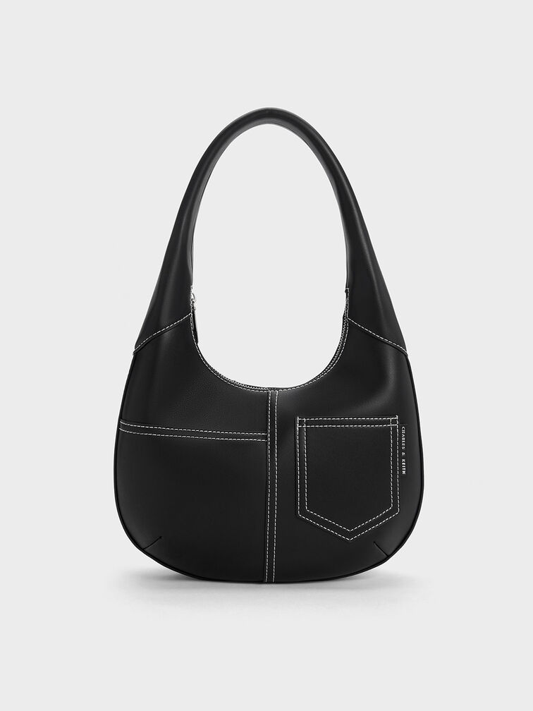 Anthea Contrast-Trim Curved Hobo Bag, Black, hi-res