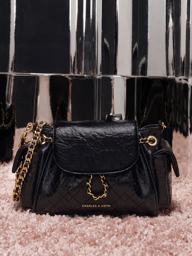 Tas Ransel Front Flap Two-Way Quilted Duo, Black, hi-res