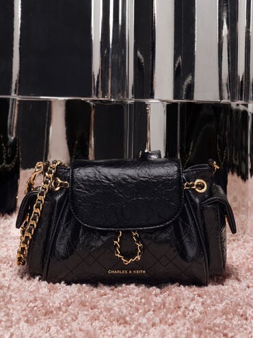 Tas Ransel Front Flap Two-Way Quilted Duo, Black, hi-res