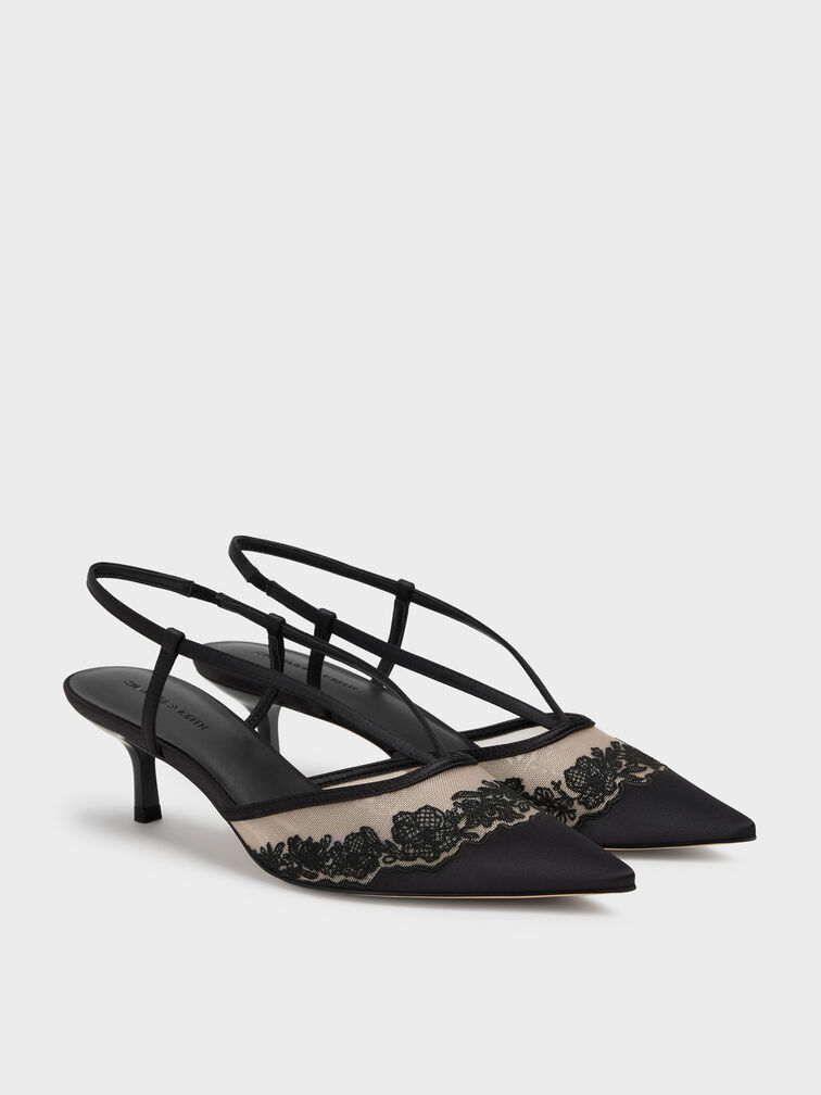 Sepatu Kitten Heels Slingback Embroidered-Satin, Black Textured, hi-res