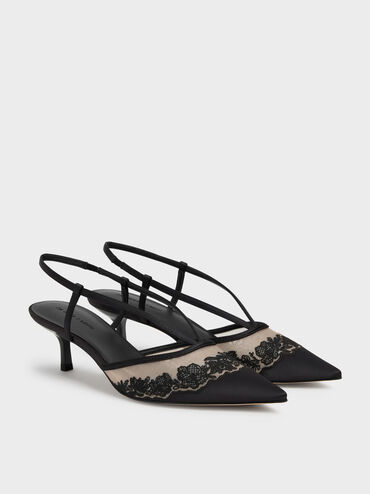 Sepatu Kitten Heels Slingback Embroidered-Satin, Black Textured, hi-res