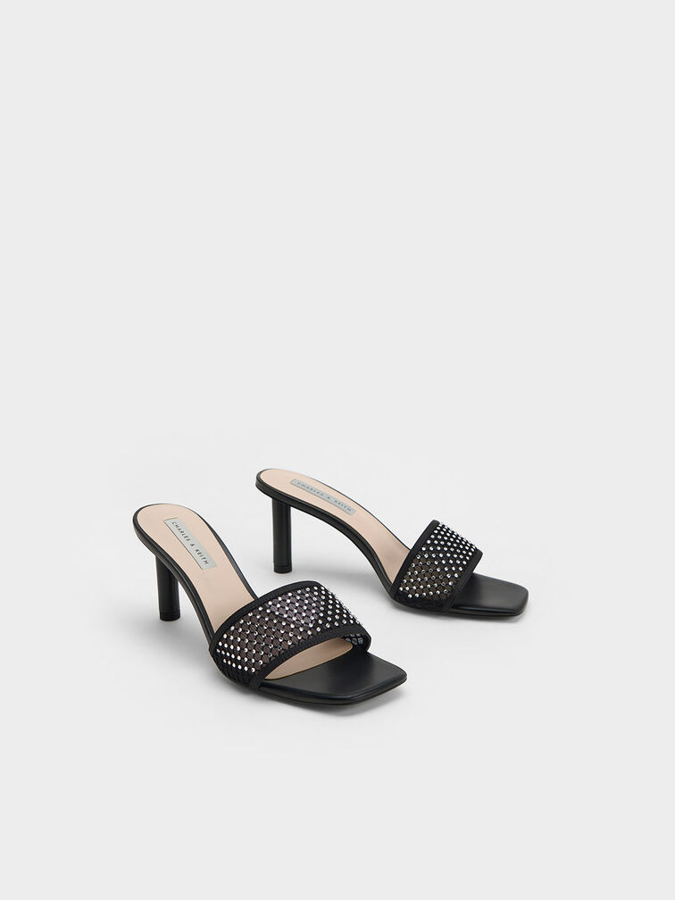 Sandal Gem-Encrusted Cylindrical Heel Mesh, Black Textured, hi-res