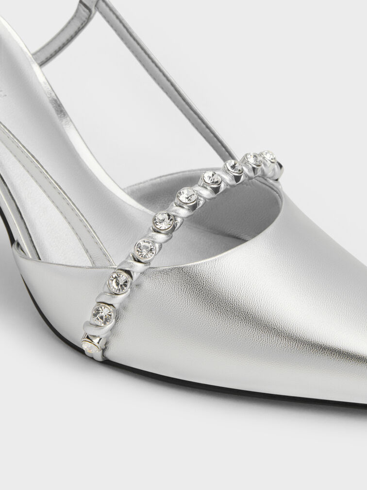 Sepatu Pumps Slingback Crystal Metalik, Silver, hi-res