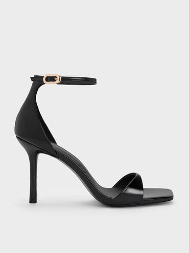 Sandal Heeled Patent Ankle Strap, Black Patent, hi-res
