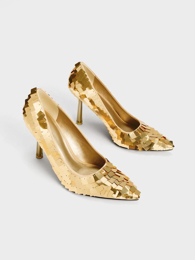 Sequinned Stiletto Heel Pumps, Gold, hi-res