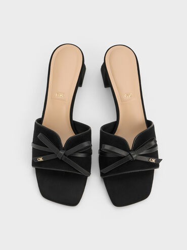 Sepatu Mules Heeled Bow Leather & Suede, Black Textured, hi-res