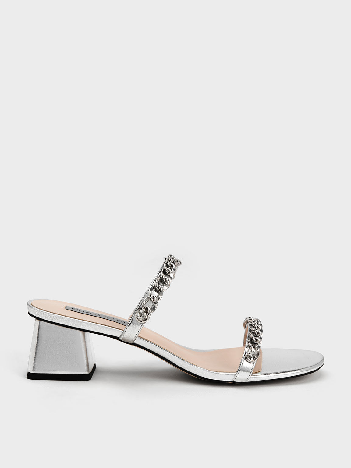 Sandal Block Heel Chain-Link, Silver, hi-res